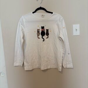White Long Sleeve Cat Print Shirt
